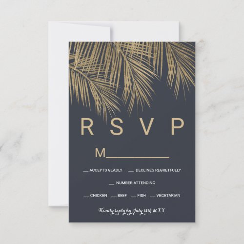 Modern navy blue gold palm tree RSVP wedding