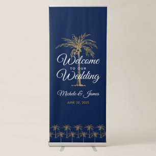 Modern Navy Blue Gold Palm Trees Wedding Welcome Retractable Banner