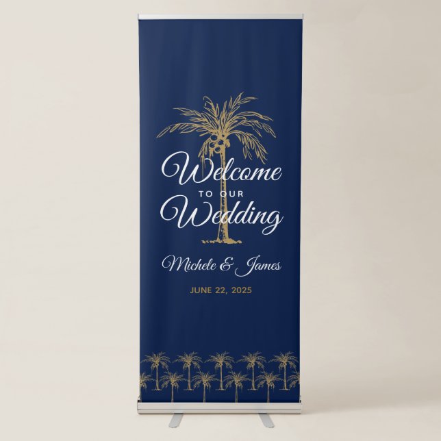 Modern Navy Blue Gold Palm Trees Wedding Welcome Retractable Banner (Front)