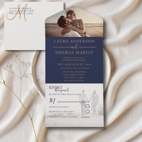 Modern Navy Blue  Gold Photo Collage Wedding All In One Invitation