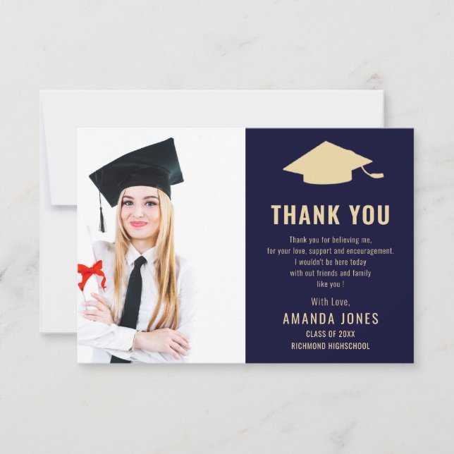 Modern Navy Blue Gold Photo Graduation Thank You Card (Front)