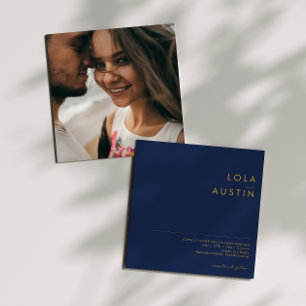 Modern Navy Blue Gold Photo Square Wedding Invitation