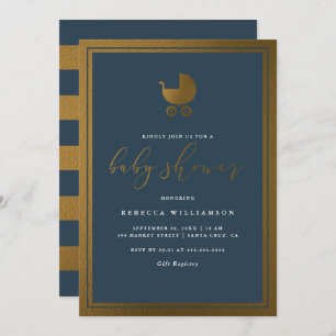 Modern Navy Blue & Gold Pram Boy Baby Shower Invitation