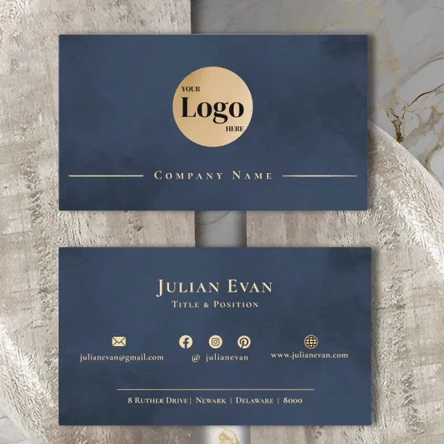 Modern Navy Blue Gold Professional Company Logo Business Card | Zazzle