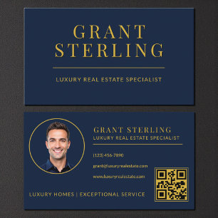 Modern Navy Blue Gold Real Estate Agent QR Code Business Card