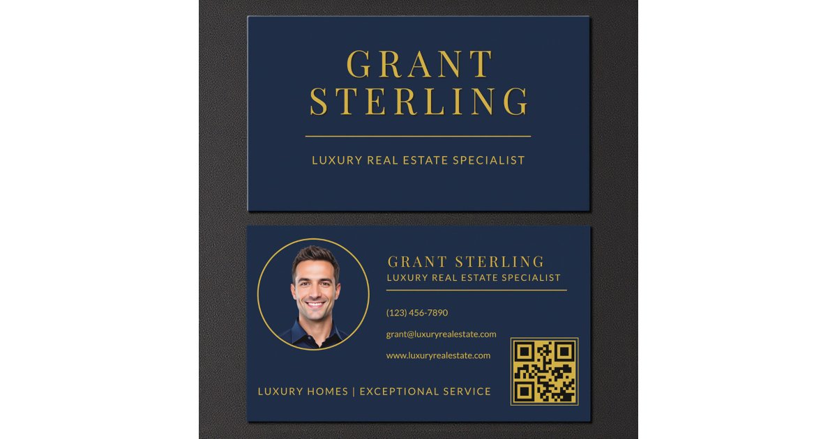 Modern Navy Blue Gold Real Estate Agent QR Code Business Card | Zazzle