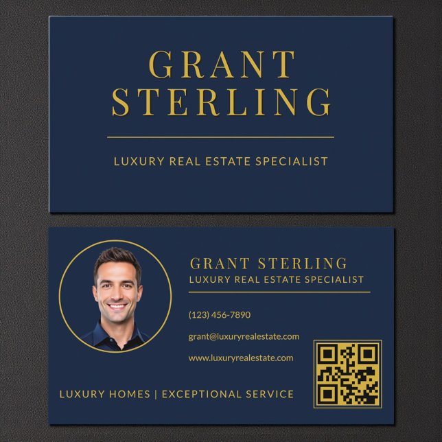 Modern Navy Blue Gold Real Estate Agent QR Code Business Card (Creator Uploaded)