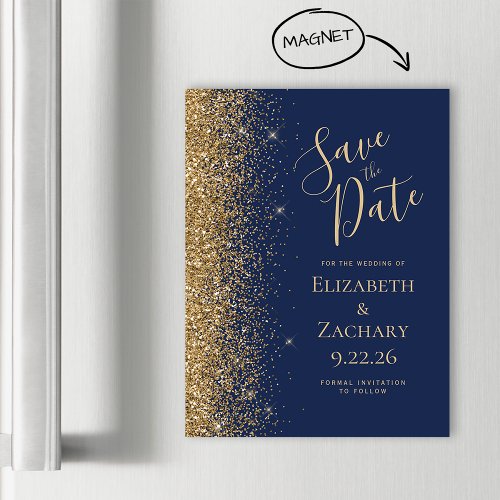 Modern Navy Blue Gold Save the Date Magnetic Card