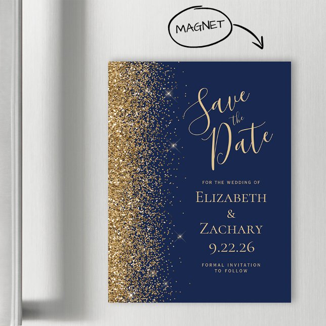 Modern Navy Blue Gold Save the Date Magnetic Card (Creator Uploaded)