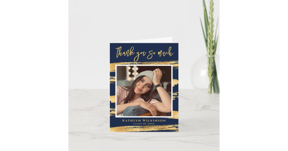 Modern Navy Blue Gold Script Chic Photo Graduation Thank You Card | Zazzle