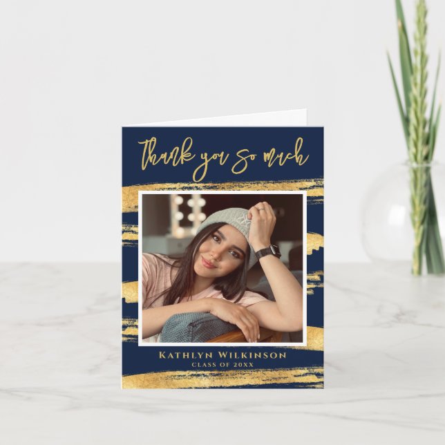 Modern Navy Blue Gold Script Chic Photo Graduation Thank You Card (Front)