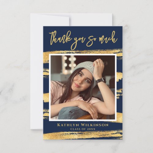 Modern Navy Blue Gold Script Chic Photo Graduation Thank You Card