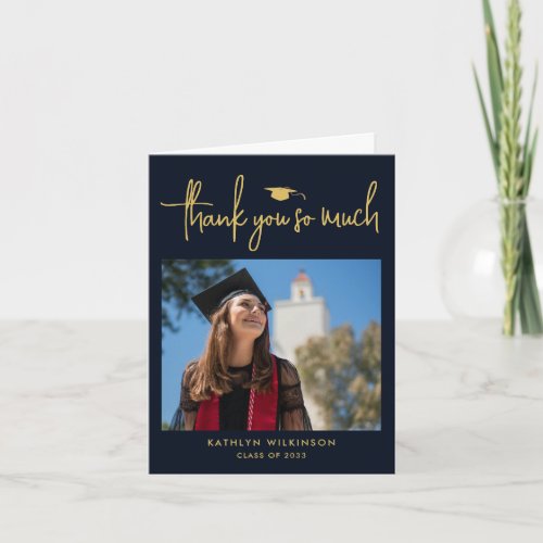 Modern Navy Blue Gold Script Chic Photo Graduation Thank You Card