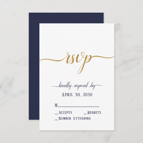 Modern Navy Blue Gold Script Minimal Wedding RSVP Card