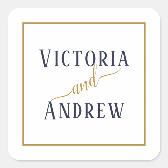 Modern Navy Blue Gold Script Minimal Wedding Square Sticker (Front)