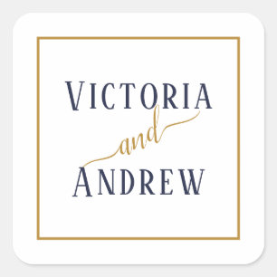 Modern Navy Blue Gold Script Minimal Wedding Square Sticker