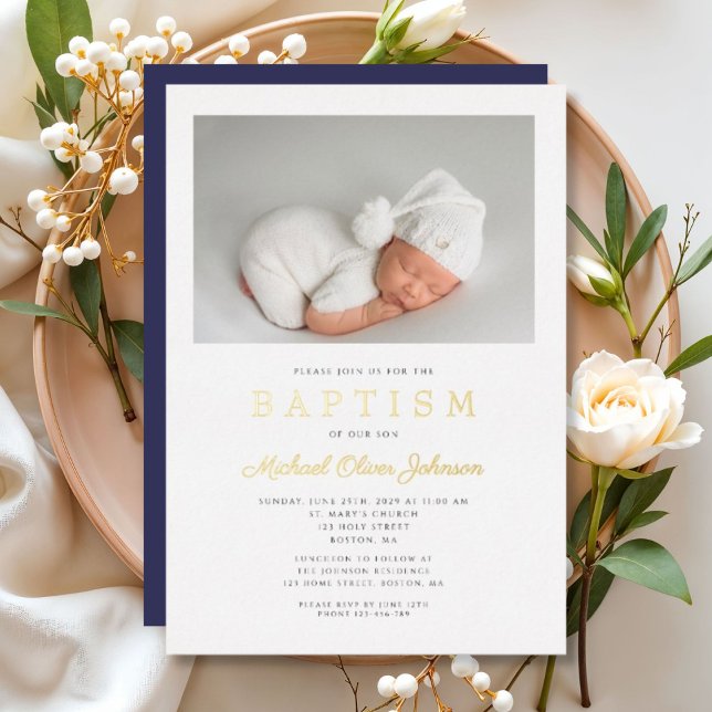 Modern Navy Blue Gold Script Photo Boy Baptism Foil Invitation (Modern Navy Blue Gold Script Photo Boy Baptism Foil Invitation)