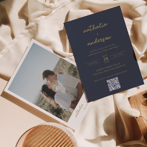 Modern Navy Blue Gold Script Photo QR Code Wedding Invitation