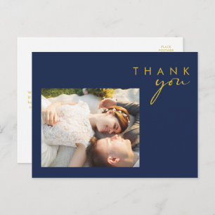 Modern Navy Blue   Gold Script Photo Thank You Postcard
