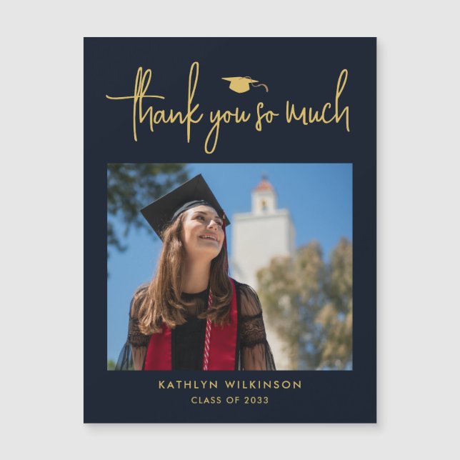 Modern Navy Blue Gold Script Simple GRAD Thank You (Front)