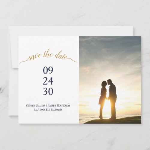 Modern Navy Blue Gold Script Wedding Photo Save The Date