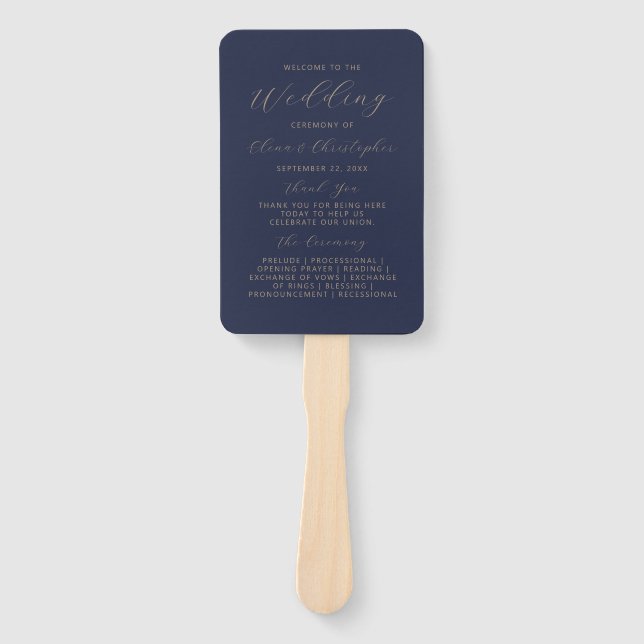 Modern Navy Blue Gold Script Wedding Program Hand Fan (Front)