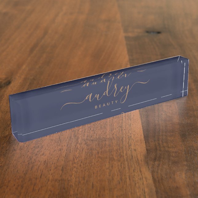 modern navy blue gold Signature Monogrammed Desk Name Plate (Side)