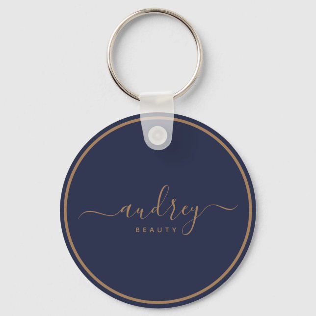modern navy blue gold Signature Monogrammed Keychain (Front)