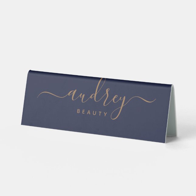 modern navy blue gold Signature Monogrammed Table Tent (Front)