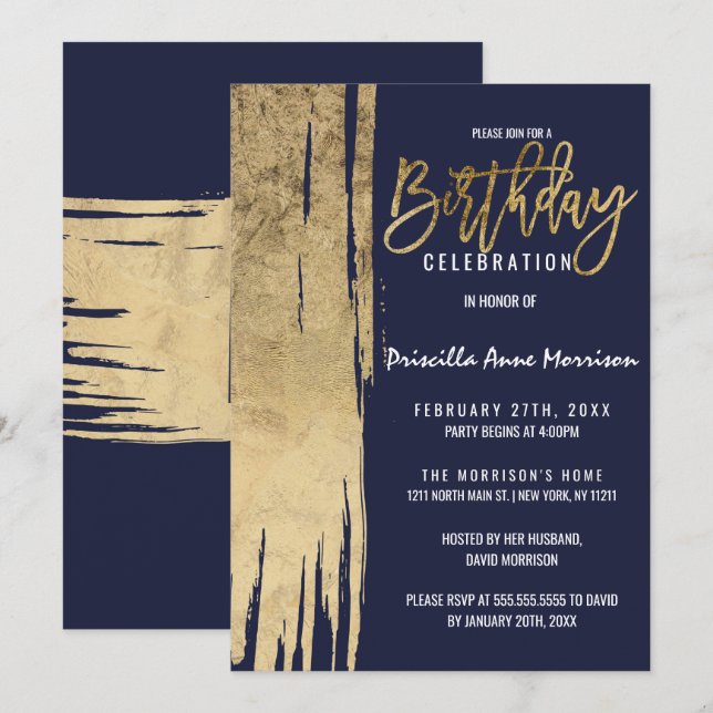 Modern Navy Blue Gold Simple Brushstrokes Birthday Invitation (Front/Back)