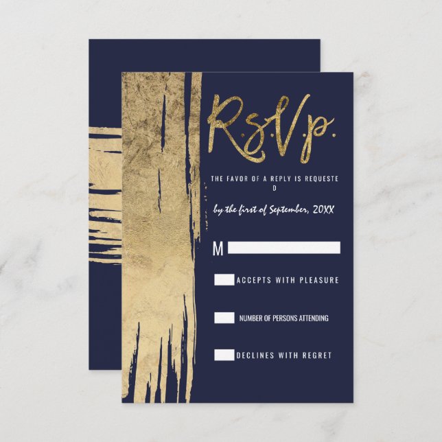 Modern Navy Blue Gold Simple Brushstrokes RSVP Invitation (Front/Back)