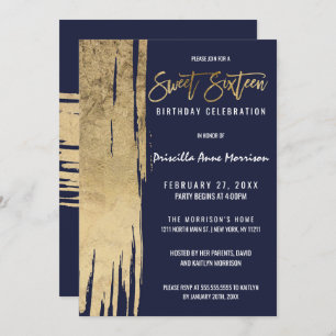 Modern Navy Blue Gold Simple Brushstrokes Sweet 16 Invitation