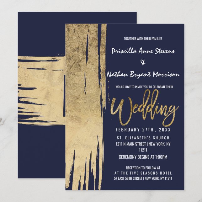 Modern Navy Blue Gold Simple Brushstrokes Wedding Invitation (Front/Back)