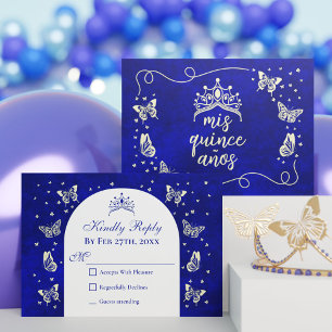 Modern Navy Blue Gold Tiara Butterfly Quinceañera RSVP Card