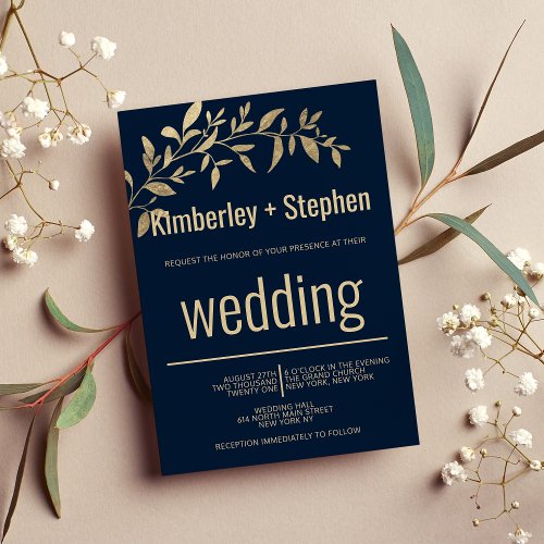 Modern Navy blue gold typography floral wedding  Invitation