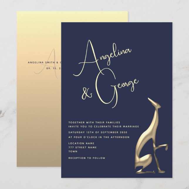 Modern Navy Blue Gold Wedding Invitation (Front/Back)
