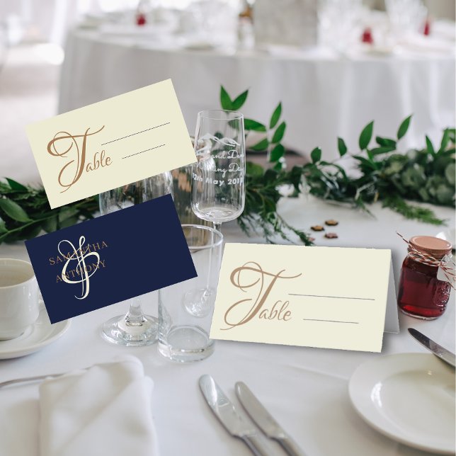 Modern Navy Blue & gold Wedding  Place Card (Creator Uploaded)
