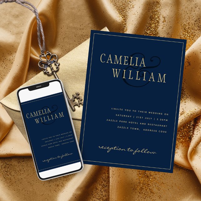 Modern Navy Blue Gold Wedding Printed and Digital  Invitation (Creator Uploaded)
