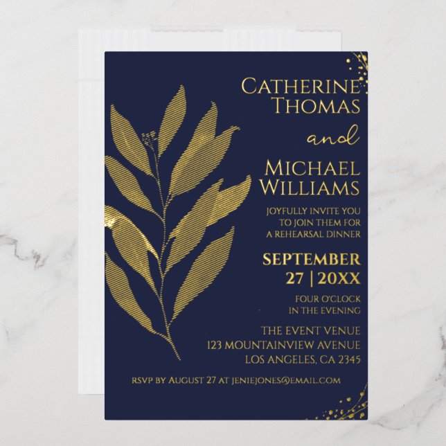 Modern Navy Blue Gold Wedding Rehearsal Dinner Foil Invitation (Envelope)