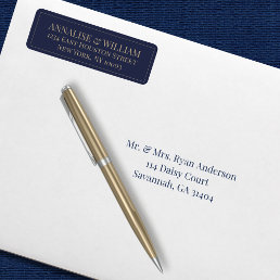 Modern Navy Blue Gold Wedding Return Address Label