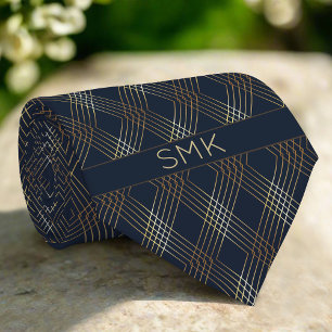 Modern Navy Blue Golden Rhombus Stripe Pattern Neck Tie