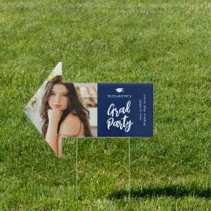 Modern Navy Blue Grad Party Brush Script Photo Sign