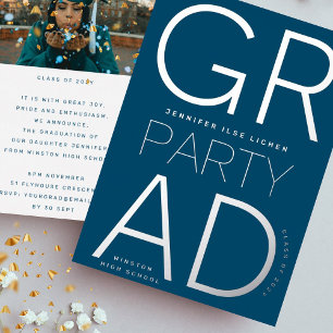 MODERN NAVY BLUE GRAD PARTY Class of 2023 Silver Foil Invitation
