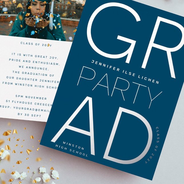 MODERN NAVY BLUE GRAD PARTY Class of 2023 Silver Foil Invitation (Creator Uploaded)