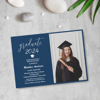 Modern Navy Blue Graduate 2024 Graduation Photo Invitation by littleteapotdesigns at Zazzle