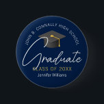 Modern Navy Blue Graduate Custom 20265 Graduation Button<br><div class="desc">This modern navy blue custom senior graduate button features your high school or college name for the class of 2026. Customize with your graduating year under the chic handwritten script and grey grad cap for a great personalized graduation party favor.</div>