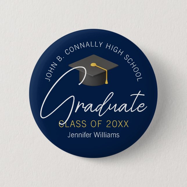 Modern Navy Blue Graduate Custom 20265 Graduation Button (Front)