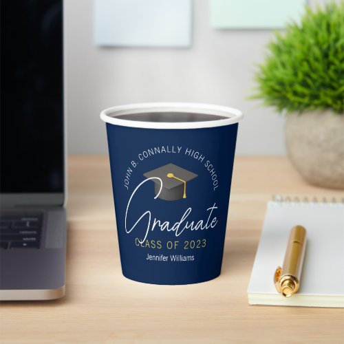 Modern Navy Blue Graduate Custom Graduation Party Paper Cups