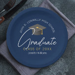 Modern Navy Blue Graduate Custom Graduation Party Paper Plates<br><div class="desc">These modern navy blue custom senior graduation party plates features your high school or college name for the class of 2026. Customize with your graduating year under the chic handwritten script and grey grad cap for great formal personalized graduate decor.</div>