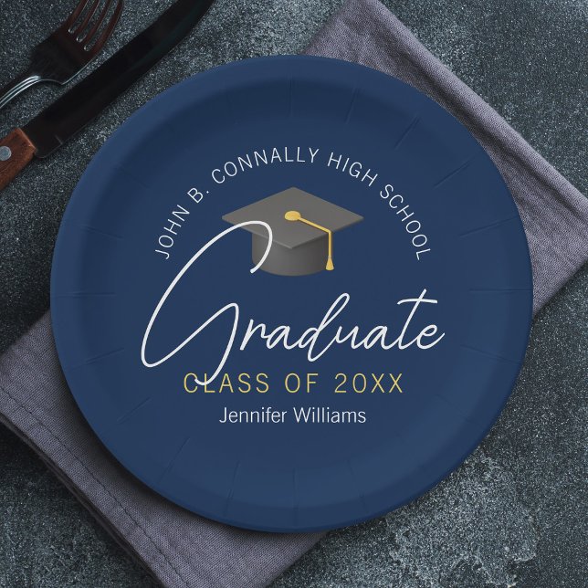 Modern Navy Blue Graduate Custom Graduation Party Paper Plates (Creator Uploaded)
